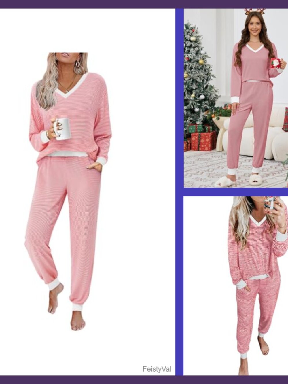 Women's Striped Pajama Set V Neck Long Sleeve Lounge Set with Pockets